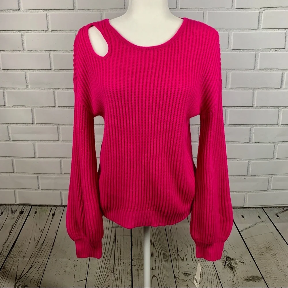 🔥BAR III🔥BALLOON-SLEEVE CUTOUT KNIT SWEATER PINK BON BON MEDIUM NWT - Picture 3 of 5